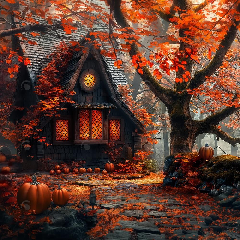 Allenjoy Autumn Forest Pumpkin Black Retro Hut Photography Backdrop Gbsx-00766
