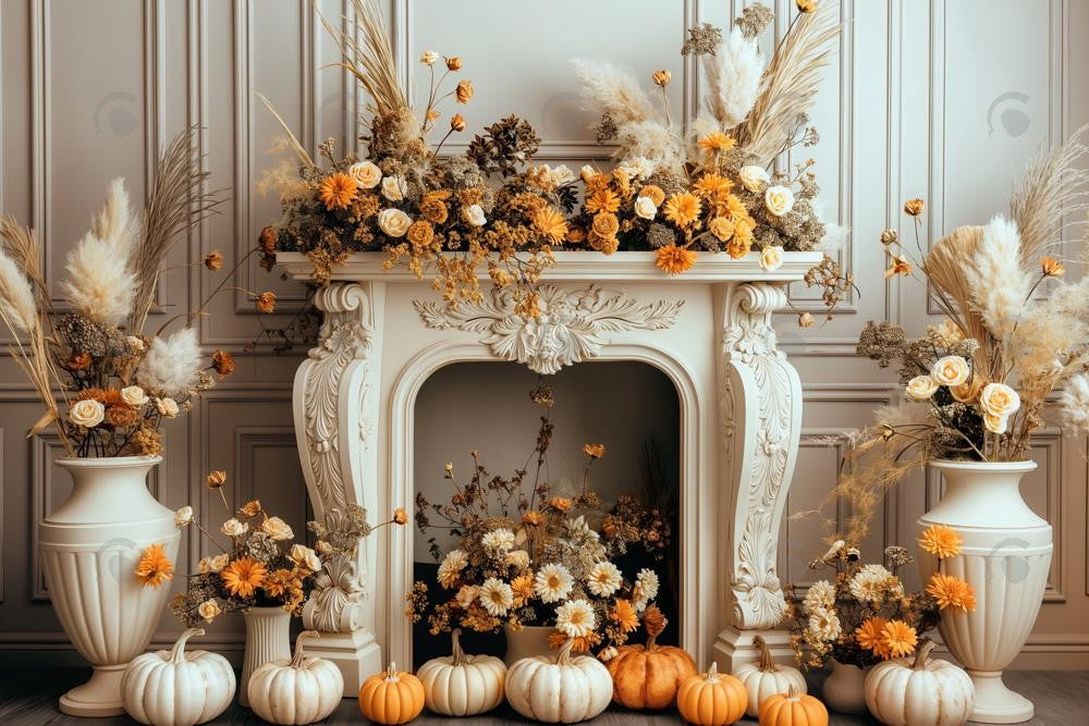 Allenjoy Autumn Pumpkin Floral Fireplace Photography Backdrop Gbsx-00569