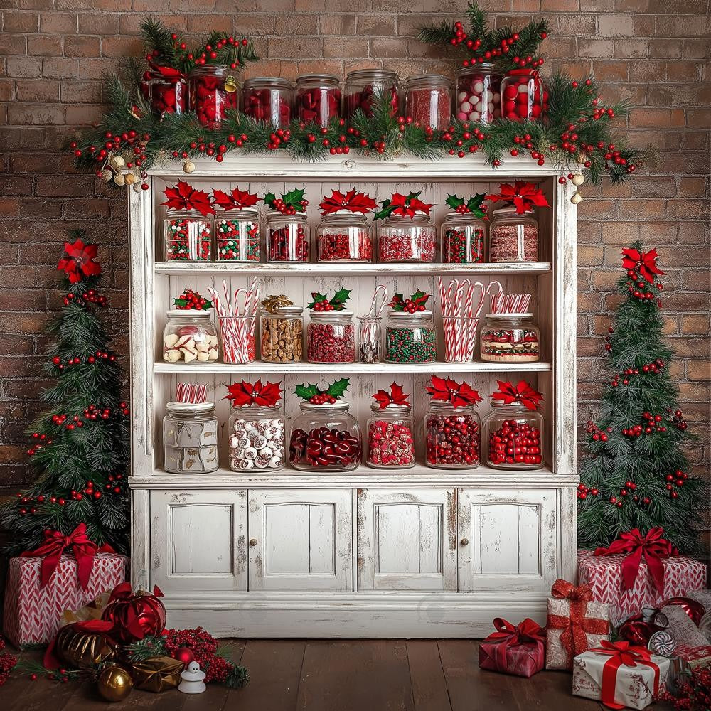 Allenjoy Christmas Brick Wall White Cabinets Photography Backdrop Gbsx-01073