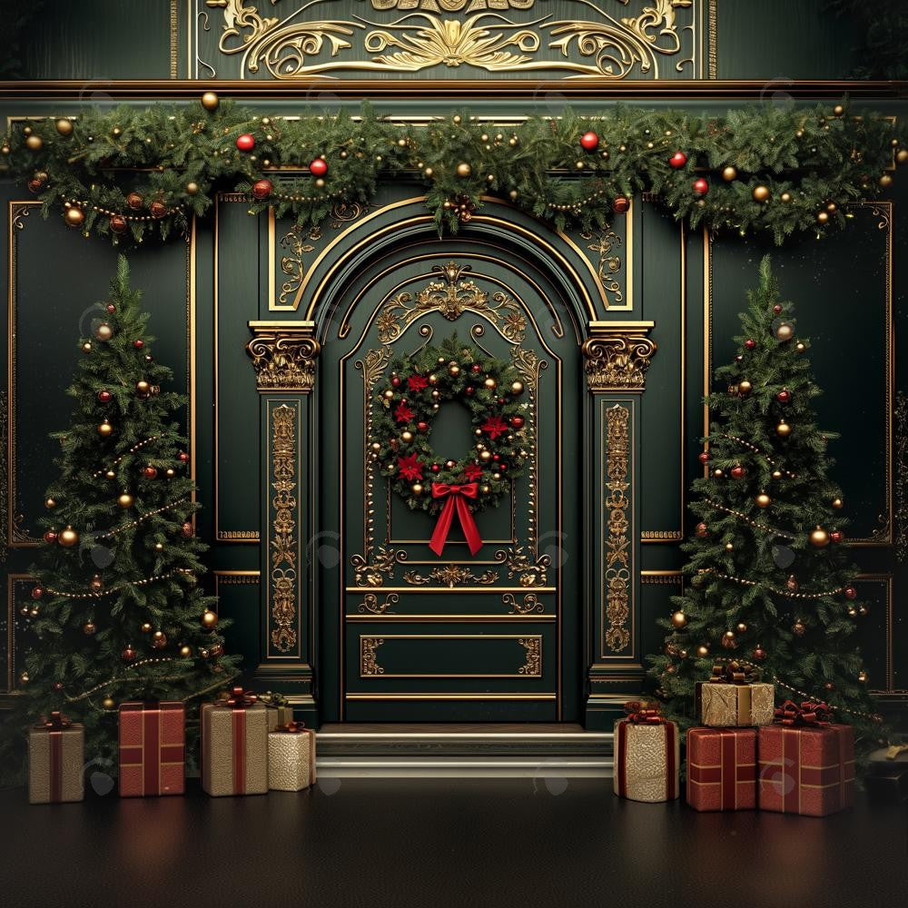 Allenjoy Christmas Brown Golden Retro Arched Door Photography Backdrop Gbsx-00572