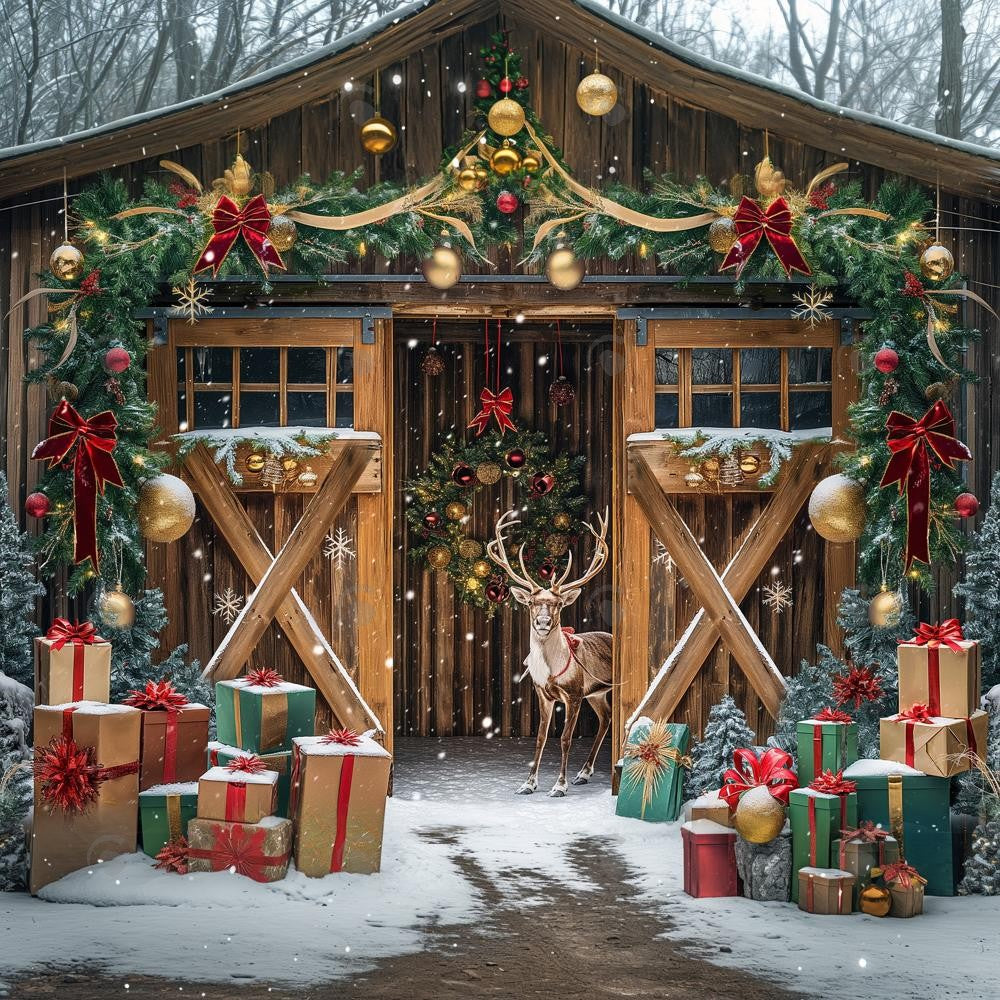 Allenjoy Christmas Elk Brown Wooden Barn Photography Backdrop Gbsx-00822