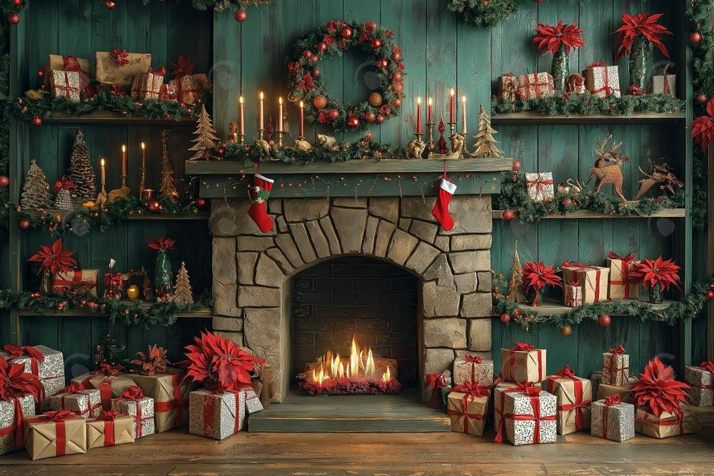 Allenjoy Christmas Green Aged Cabinets Fireplace Photography Backdrop Gbsx-01075