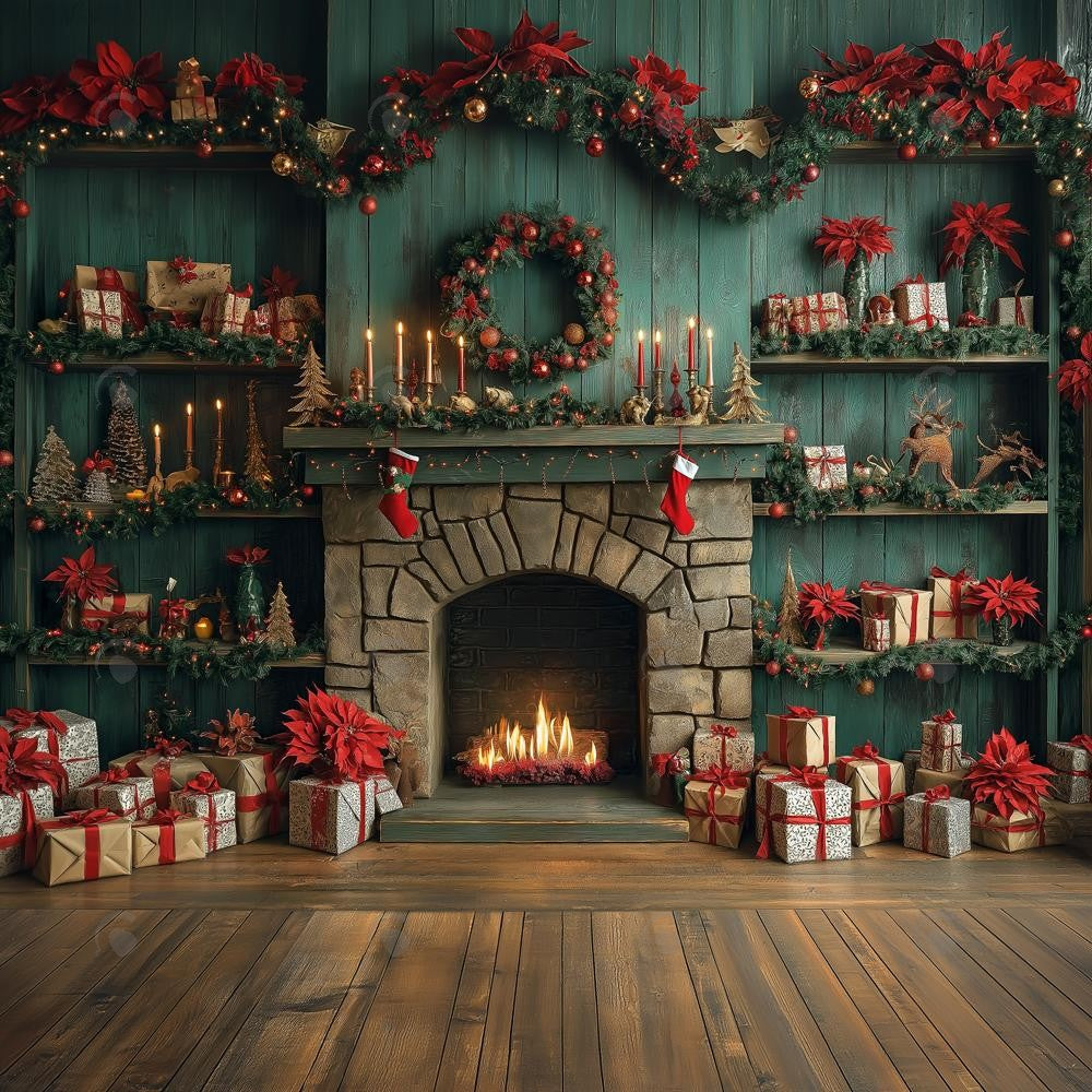 Allenjoy Christmas Green Aged Cabinets Fireplace Photography Backdrop Gbsx-01075