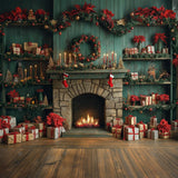 Allenjoy Christmas Green Aged Cabinets Fireplace Photography Backdrop Gbsx-01075