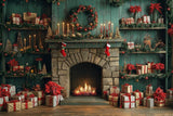 Allenjoy Christmas Green Aged Cabinets Fireplace Photography Backdrop Gbsx-01075