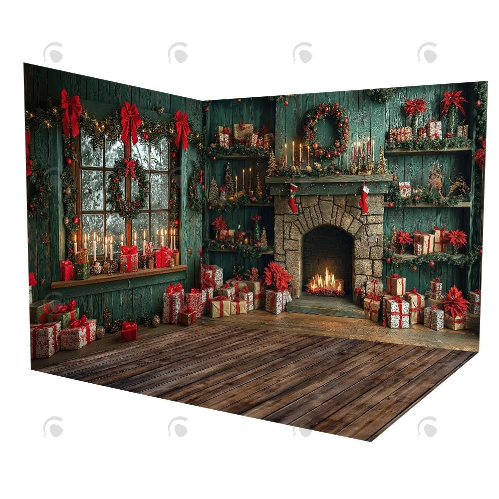 Allenjoy Christmas Green Aged Cabinets Fireplace Window Room Set Backdrop Gbsx-01076&Gbsx-01075&Ym8G-B0505
