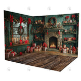 Allenjoy Christmas Green Aged Cabinets Fireplace Window Room Set Backdrop Gbsx-01076&Gbsx-01075&Ym8G-B0505