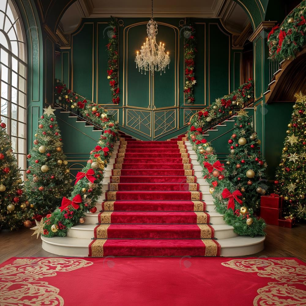 Allenjoy Christmas Green Grand Staircase Photography Backdrop Gbsx-00951