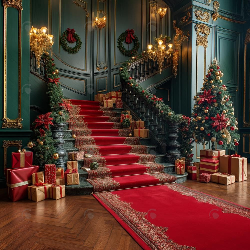 Allenjoy Christmas Green Grand Staircase Photography Backdrop Gbsx-00952