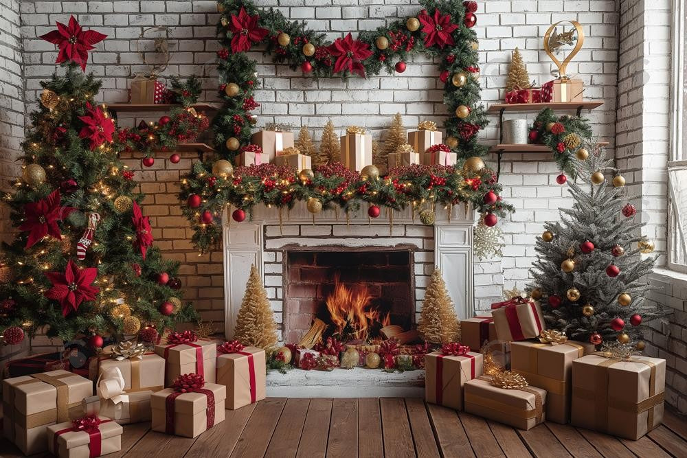 Allenjoy Christmas Interior White Brick Fireplace Photography Backdrop Gbsx-00655