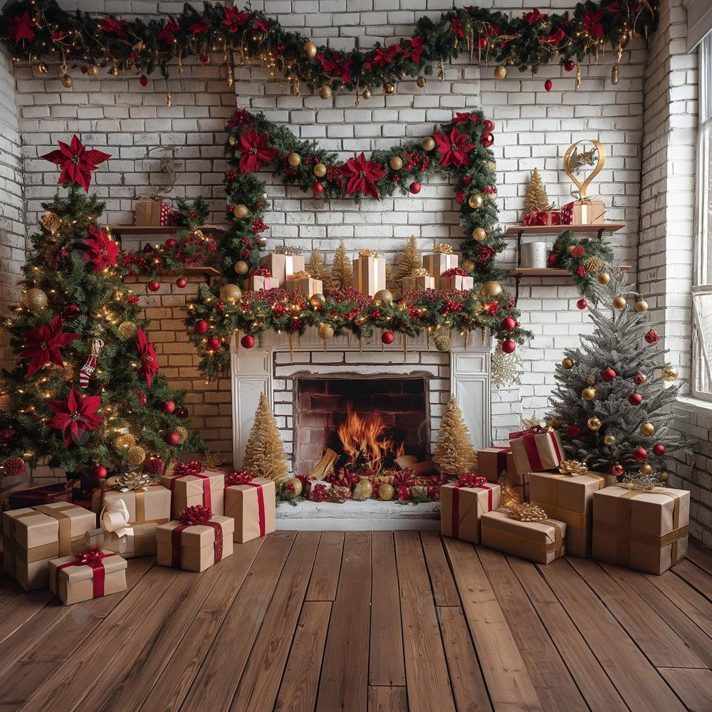 Allenjoy Christmas Interior White Brick Fireplace Photography Backdrop Gbsx-00655
