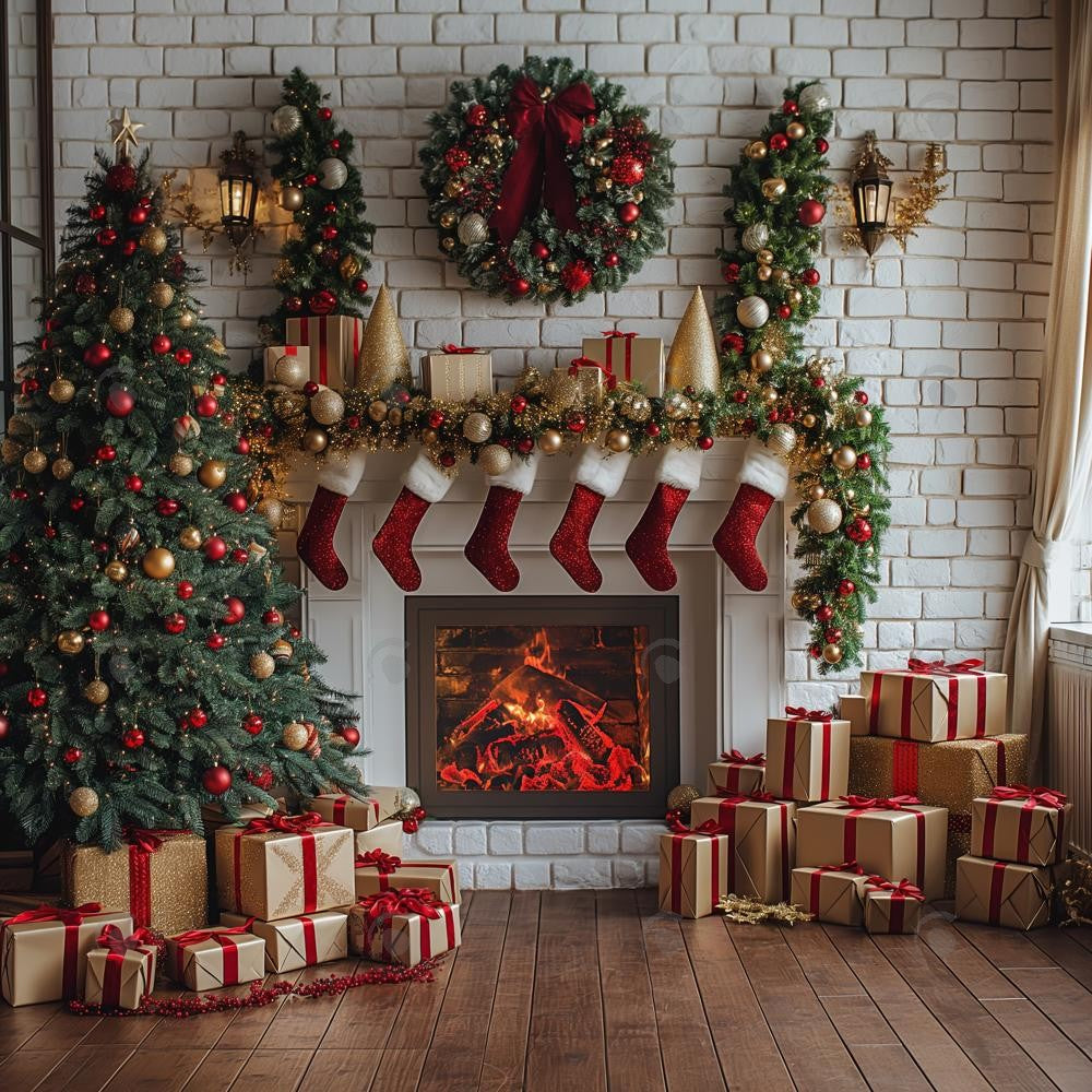 Allenjoy Christmas Interior White Brick Fireplace Photography Backdrop Gbsx-00657