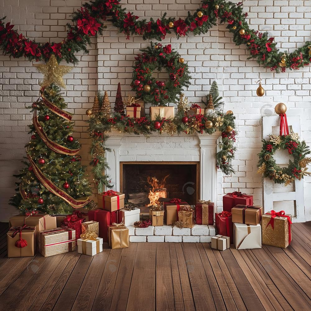 Allenjoy Christmas Interior White Brick Fireplace Photography Backdrop Gbsx-00656
