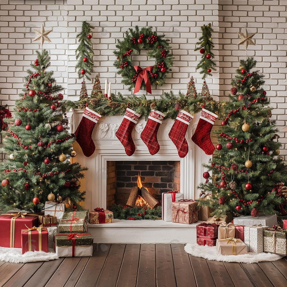 Allenjoy Christmas Interior White Brick Fireplace Photography Backdrop Gbsx-00658