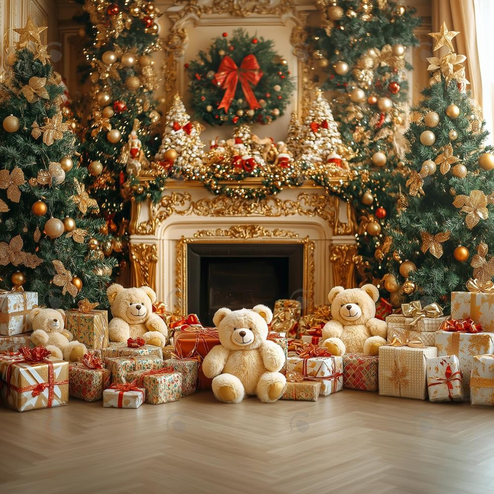 Allenjoy Christmas Luxurious Teddy Bear Fireplace Photography Backdrop Gbsx-01058