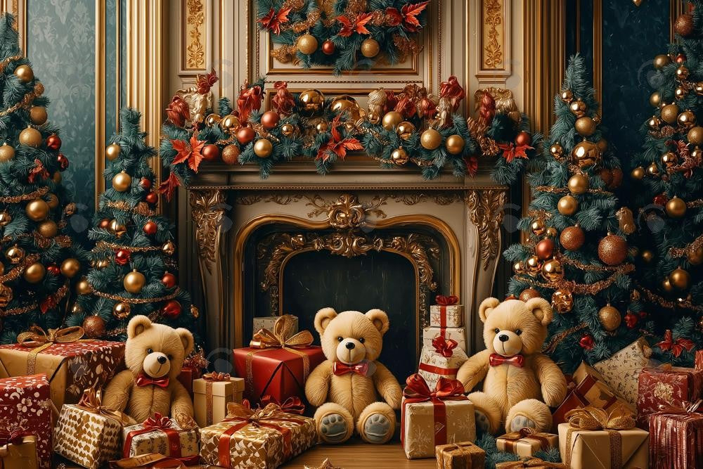 Allenjoy Christmas Luxurious Teddy Bear Fireplace Photography Backdrop Gbsx-01059