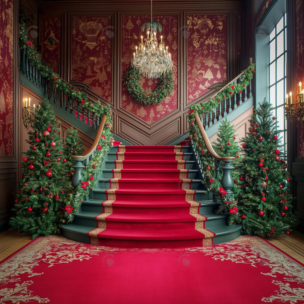 Allenjoy Christmas Red Grand Staircase Photography Backdrop Gbsx-00953
