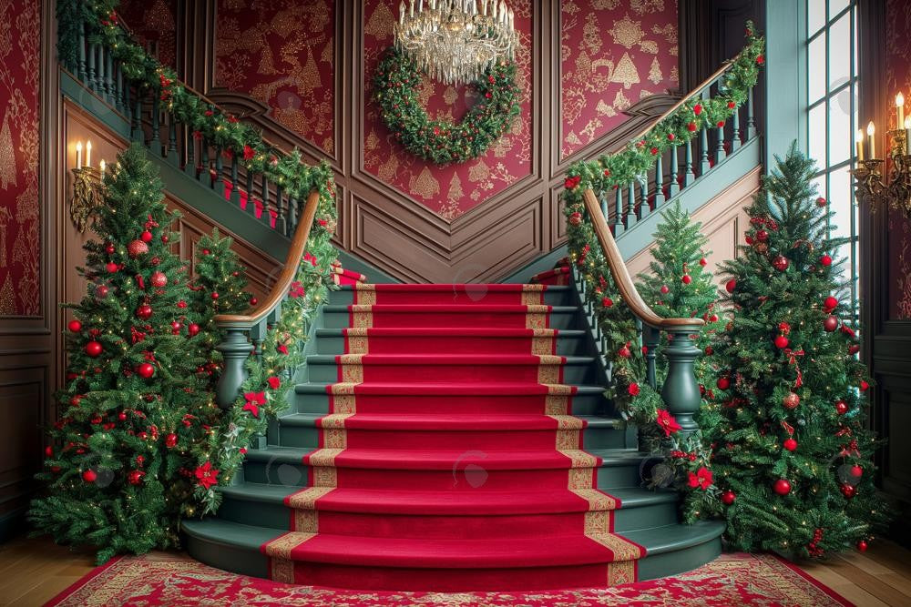 Allenjoy Christmas Red Grand Staircase Photography Backdrop Gbsx-00953