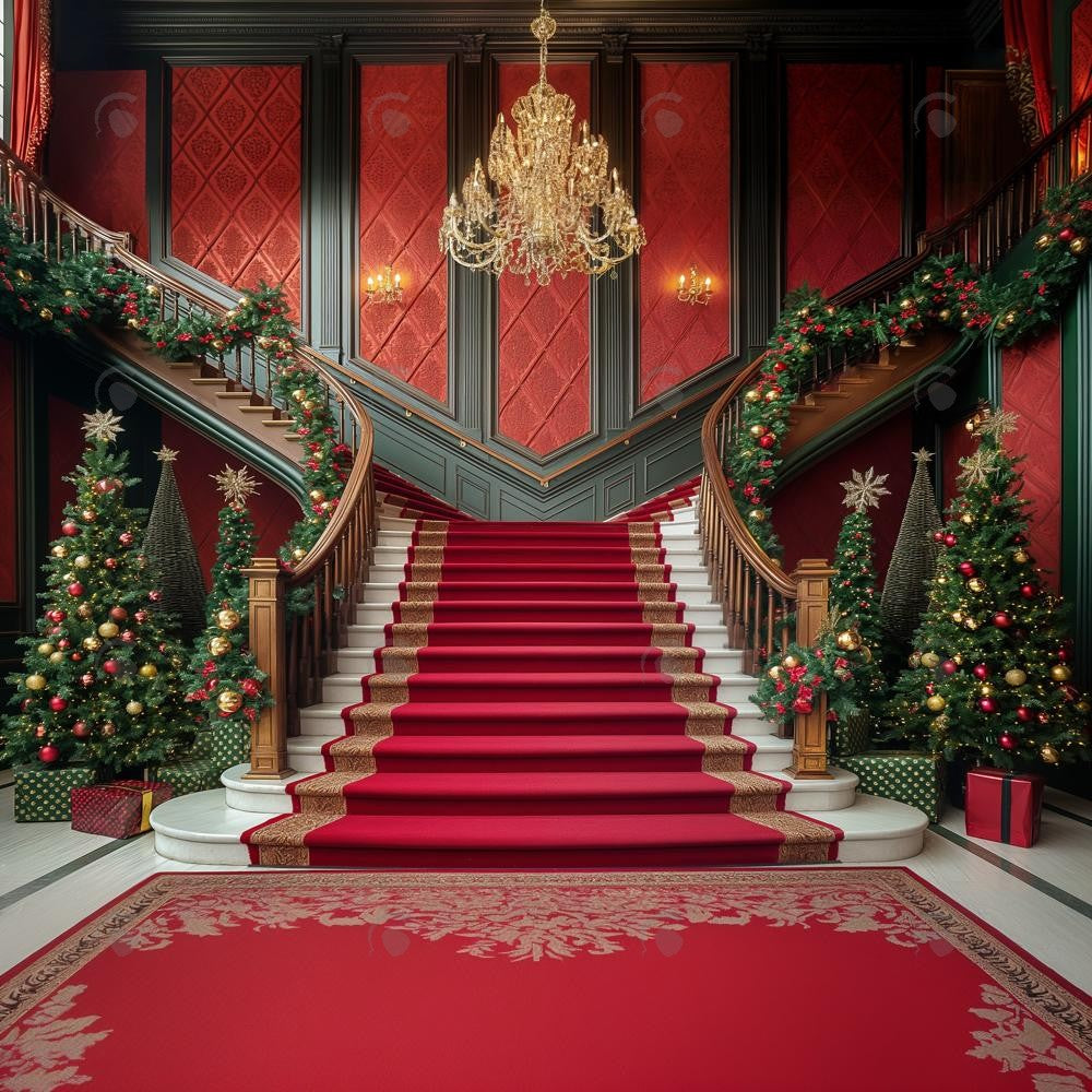 Allenjoy Christmas Red Grand Staircase Photography Backdrop Gbsx-00954