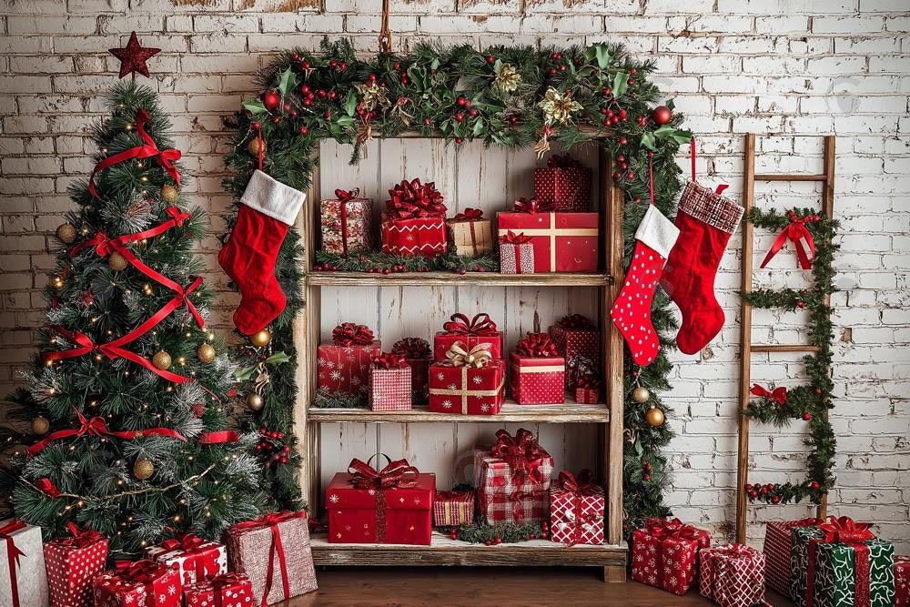 Allenjoy Christmas White Brick Wall Cabinets Photography Backdrop Gbsx-01074