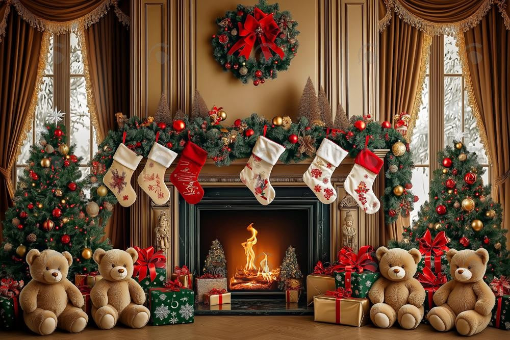 Allenjoy Cozy Luxurious Christmas Fireplace Photography Backdrop Gbsx-01138
