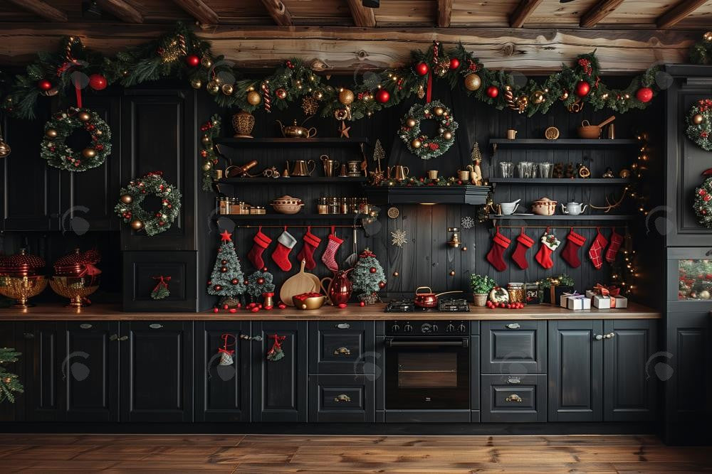 Allenjoy Dark Vintage Christmas Kitchen Photography Backdrop Gbsx-00998