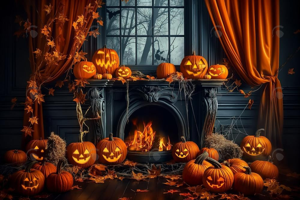 Allenjoy Fall Halloween Pumpkin Black Fireplace Photography Backdrop Gbsx-00862