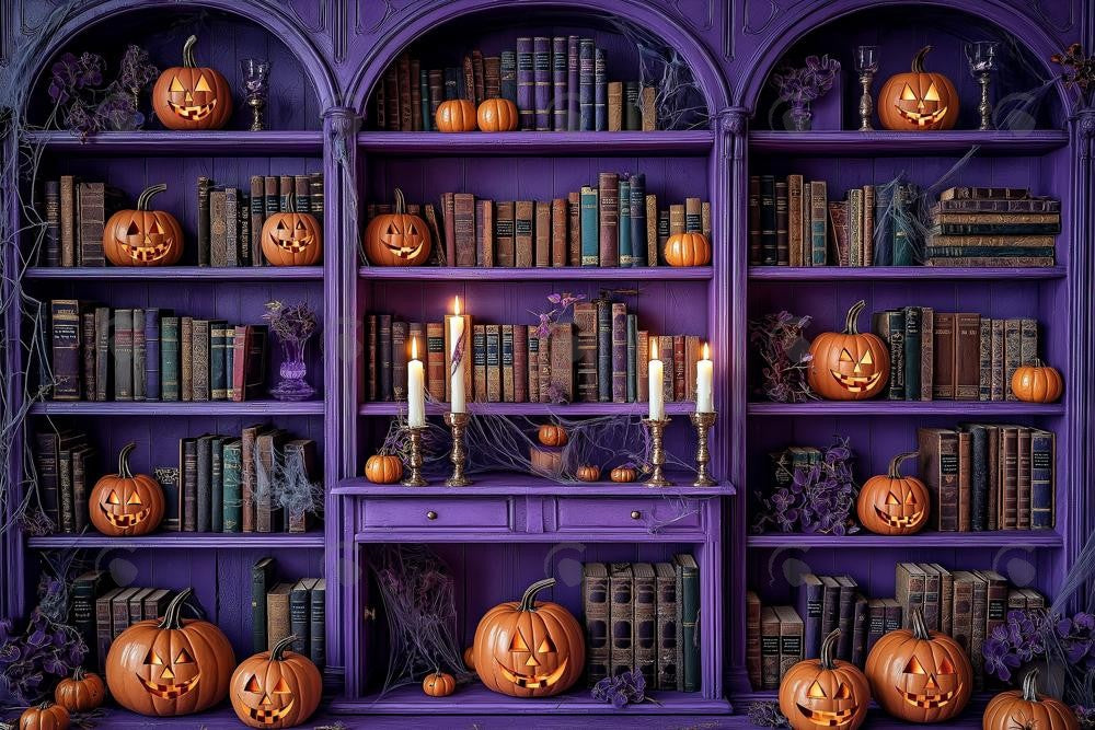 Allenjoy Halloween Magic Purple Bookcase Photography Backdrop Gbsx-01077