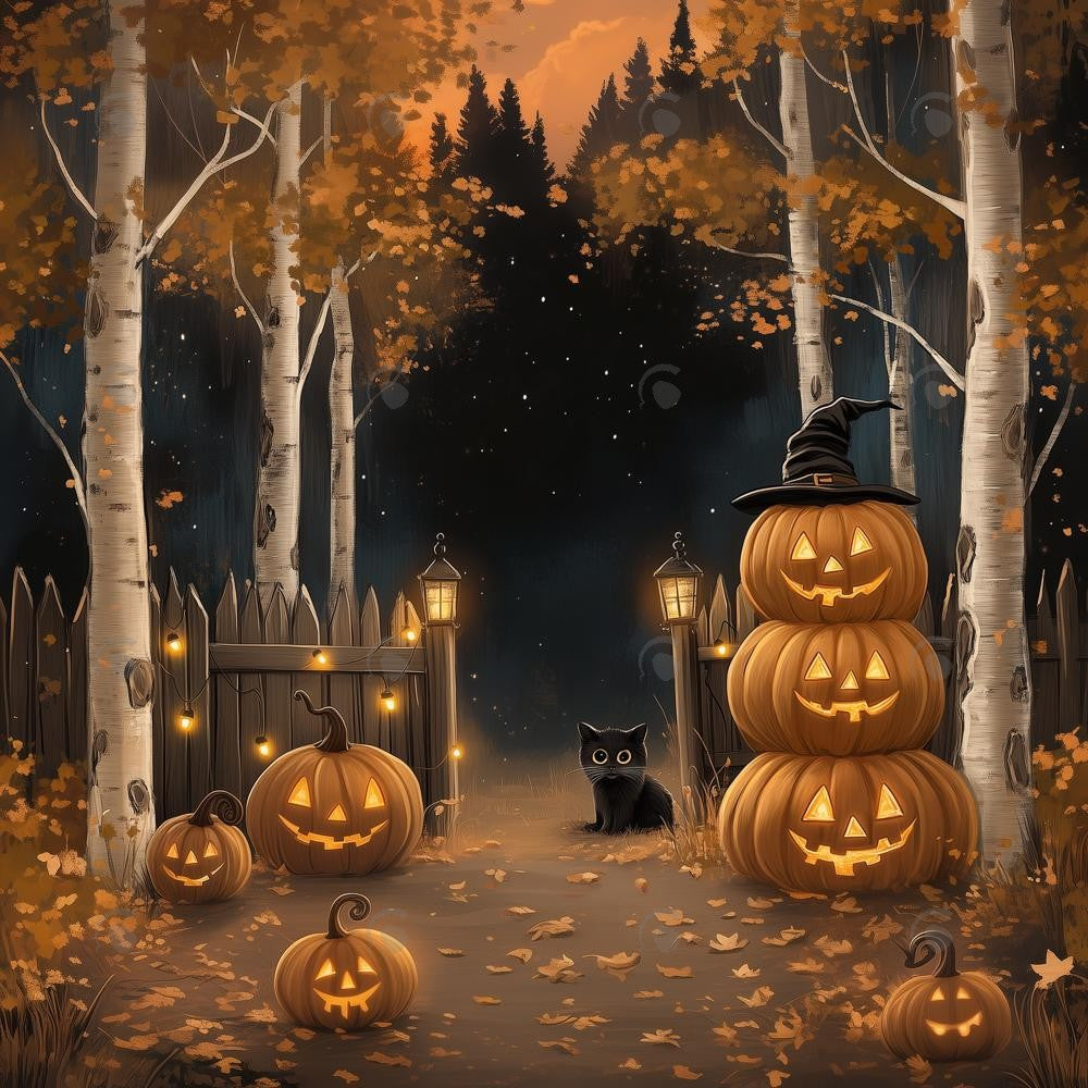 Allenjoy Halloween Night Forest Pumpkin Path Photography Backdrop Gbsx-01204