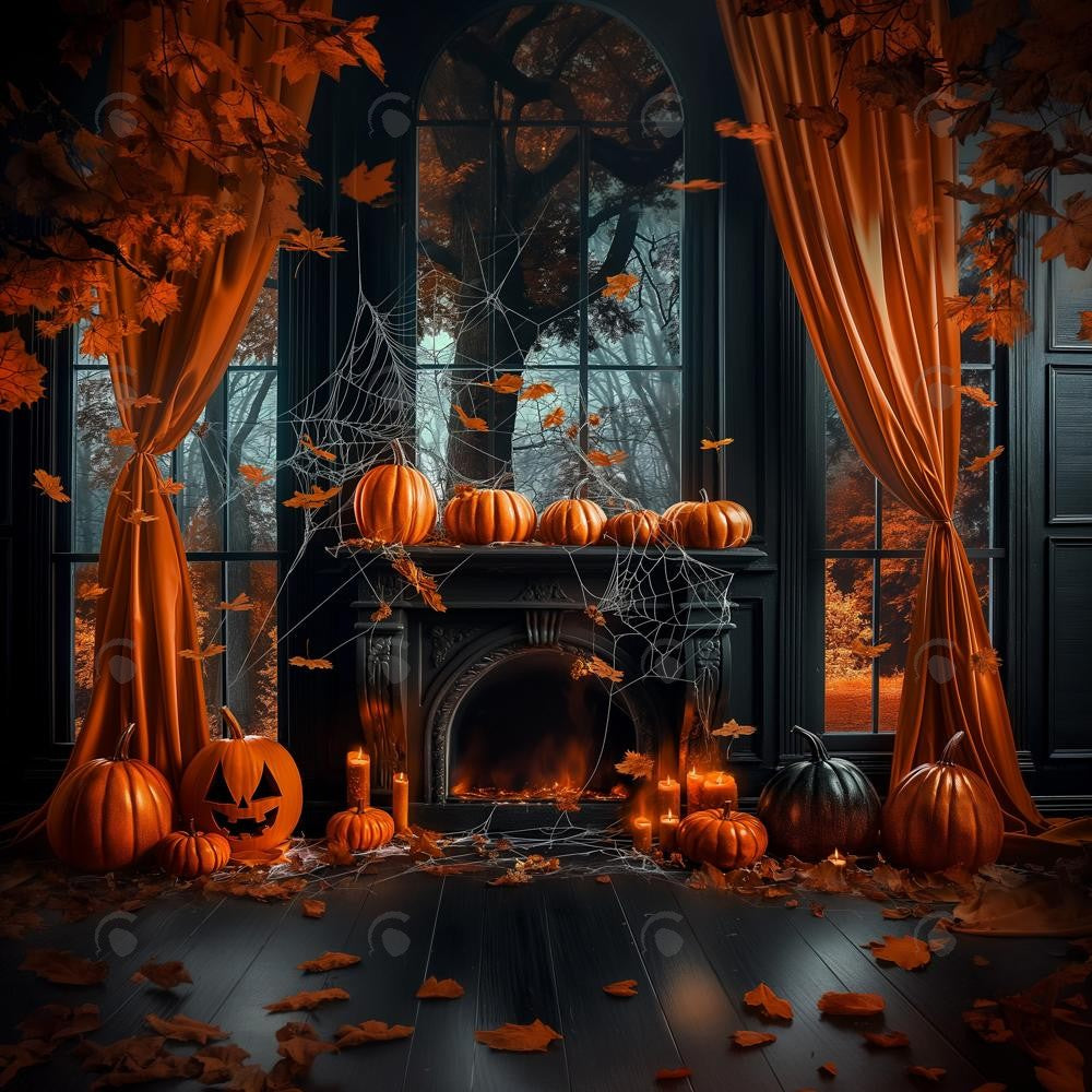 Allenjoy Halloween Pumpkin Black Fireplace Photography Backdrop Gbsx-00761
