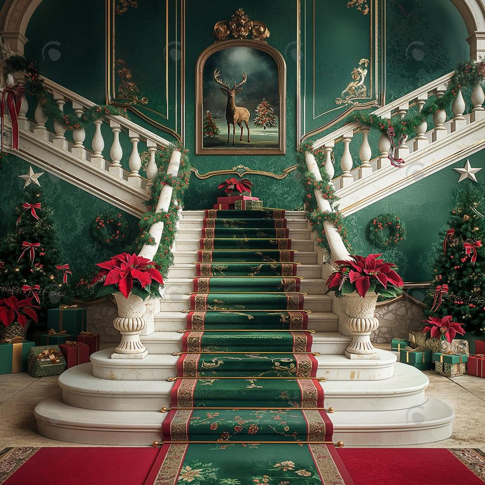 Allenjoy Holly Jolly Christmas Stairs Photography Backdrop GBSX-00005