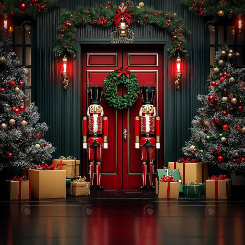 Allenjoy Nutcracker Snow Christmas Red House Door Photography Backdrop Gbsx-01103