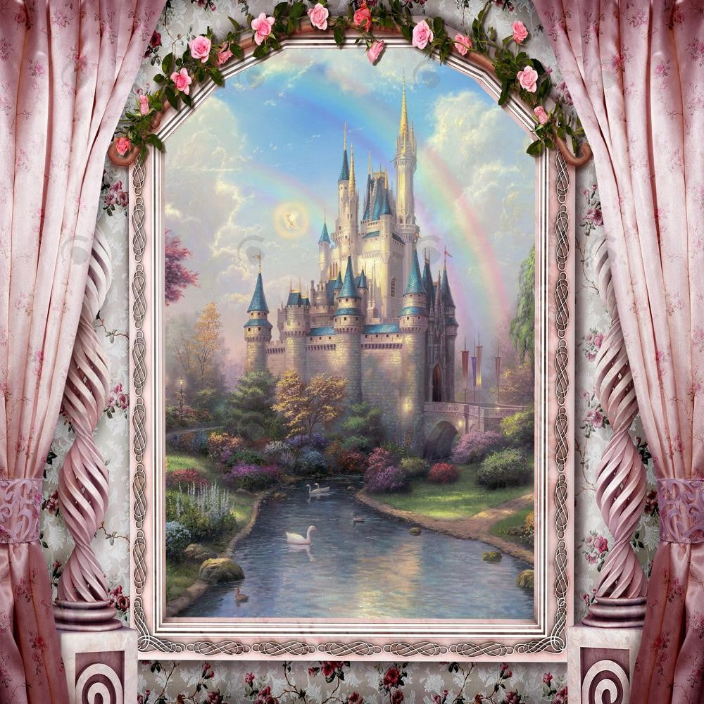 Allenjoy Pink Princess Window Castle Photography Backdrop Gbsx-00698