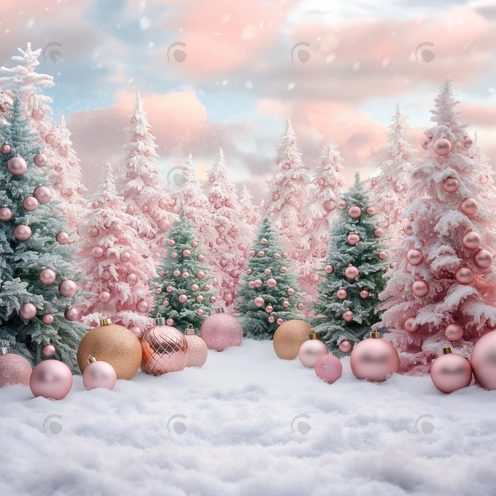 Pink And Green Christmas Tree Forest Photography Backdrop GBSX-99847