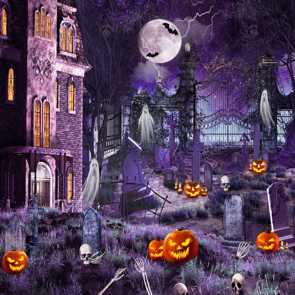 Allenjoy Purple Halloween Night Cemetery Photography Backdrop GBSX-00163