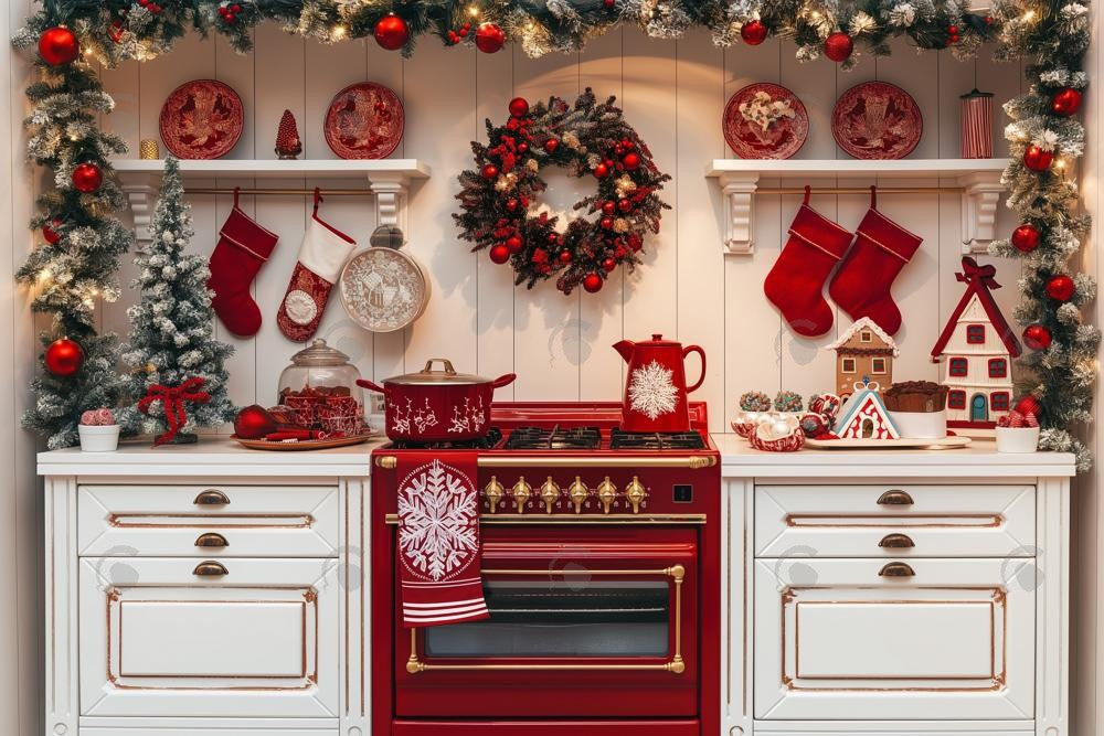 Allenjoy Red And White Christmas Kitchen Photography Backdrop Gbsx-00913