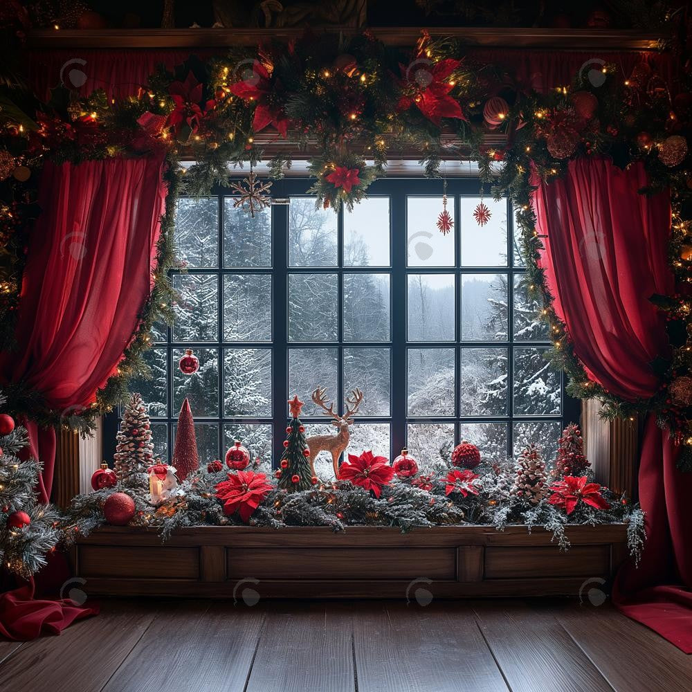 Allenjoy Red Christmas Window Curtain Photography Backdrop GBSX-00149