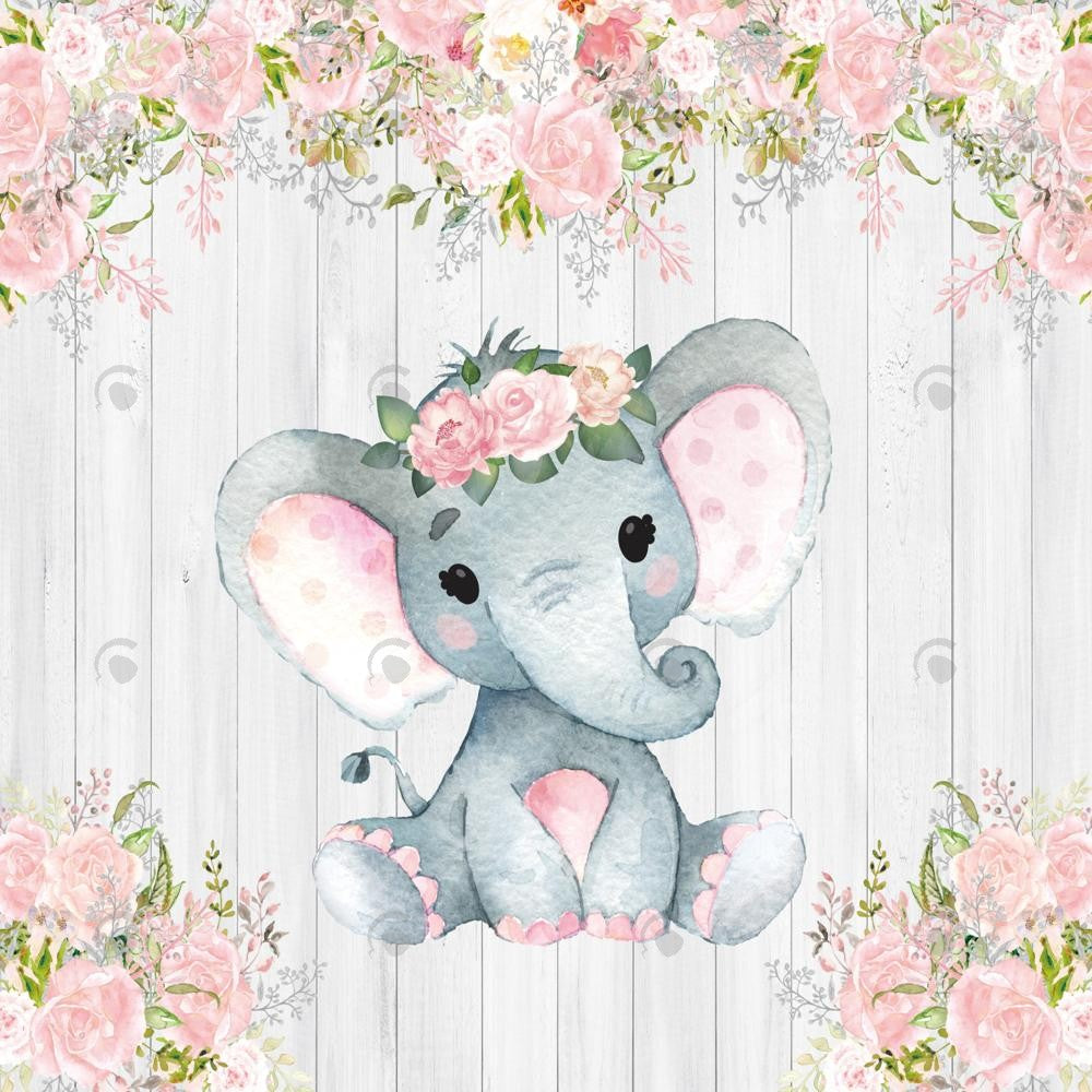 Allenjoy Rustic White Wood Floral  Elephant Photography Backdrop Gbsx-00498