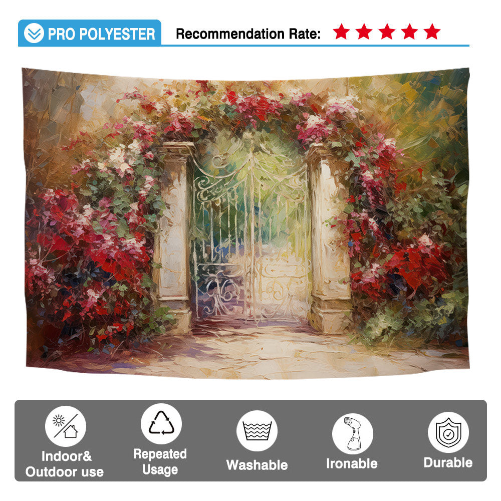 Allenjoy Oil Painting Art Photography Backdrop Decorative Flowers Garden Gate Photo Background