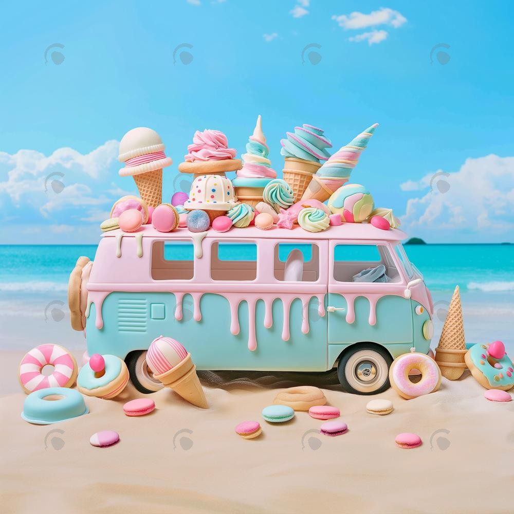 Allenjoy Summer Seaside Ice Cream Car Photography Backdrop Gbsx-00384