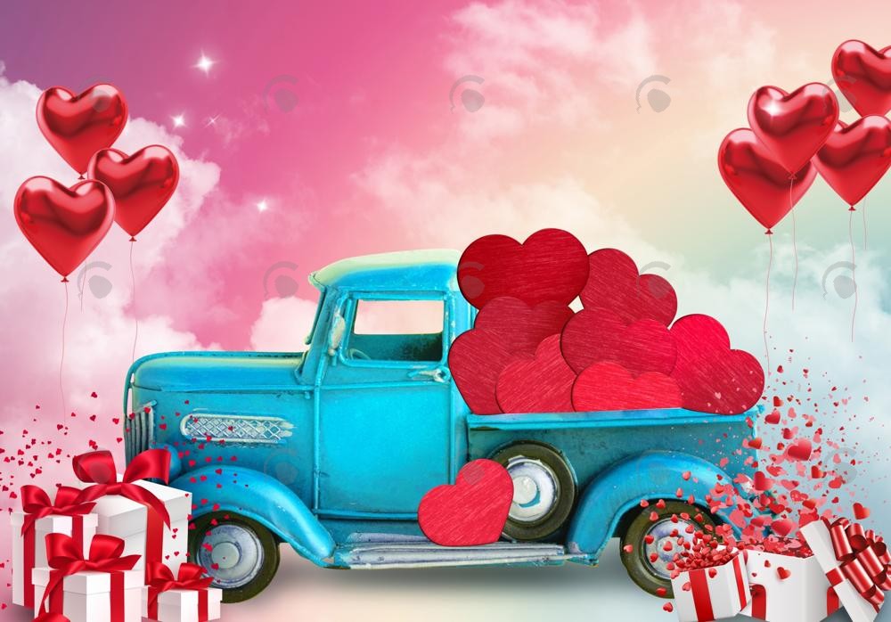 Allenjoy Valentine Blue Truck With Hearts Photography Backdrop Gbsx-01276