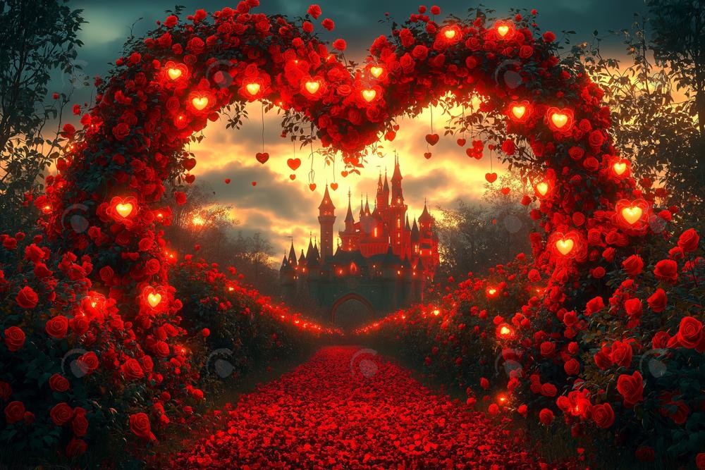 Allenjoy Valentine Heart Arched Floral Castle Photography Backdrop Gbsx-01408