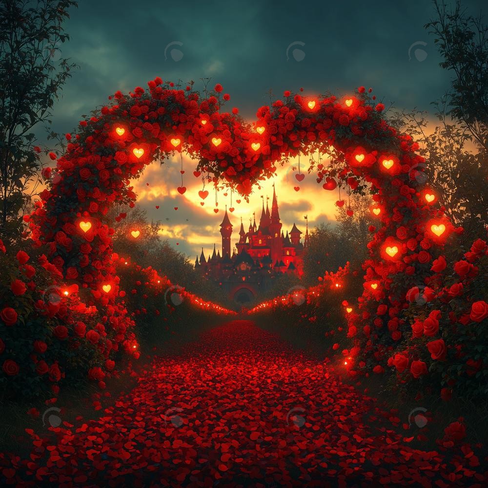 Allenjoy Valentine Heart Arched Floral Castle Photography Backdrop Gbsx-01408