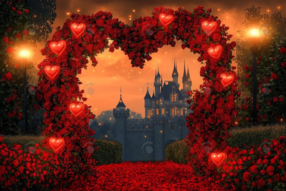 Allenjoy Valentine Heart Arched Floral Castle Photography Backdrop Gbsx-01409
