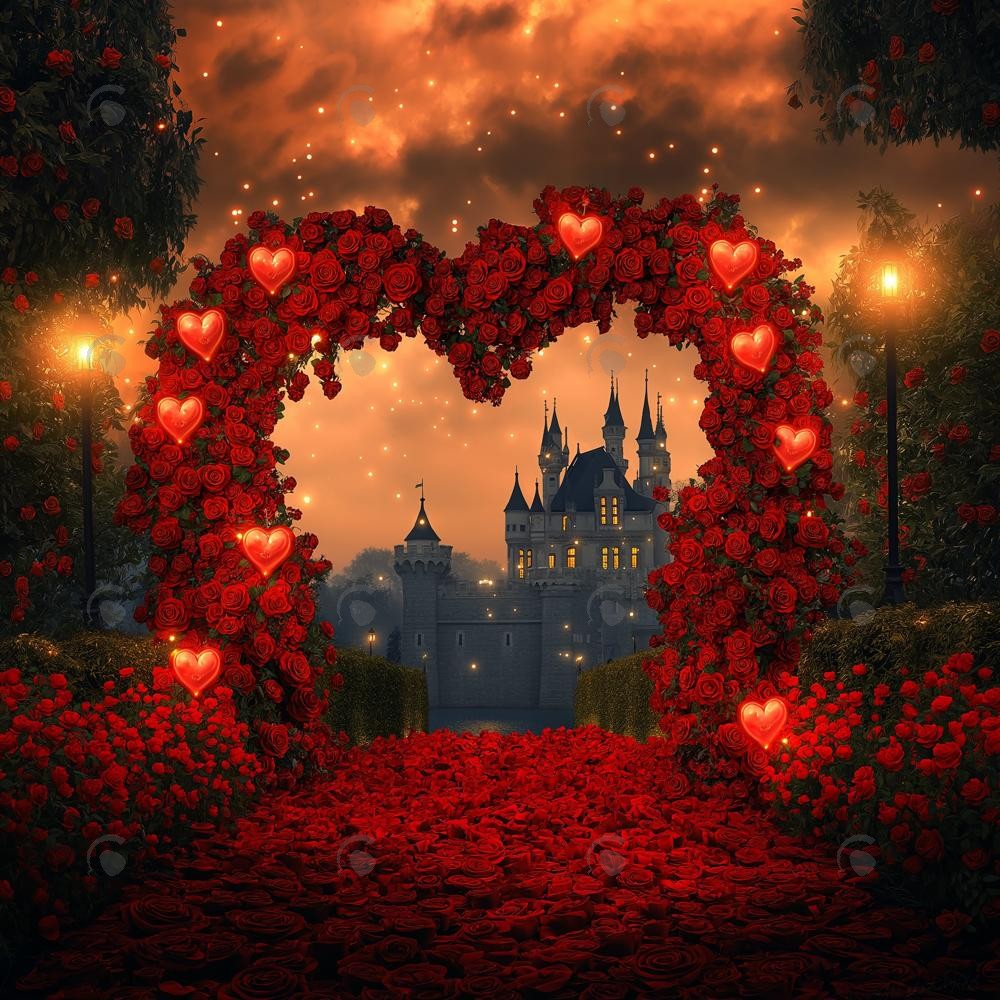 Allenjoy Valentine Heart Arched Floral Castle Photography Backdrop Gbsx-01409