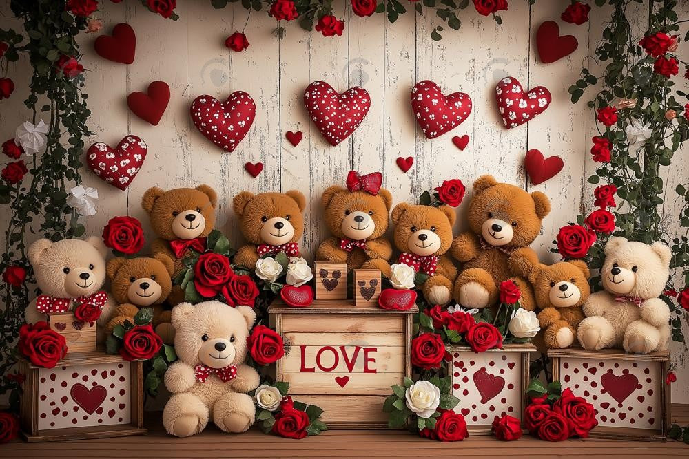 Allenjoy Valentine I Love Bears Wooden Wall Floral Photography Backdrop Gbsx-01366