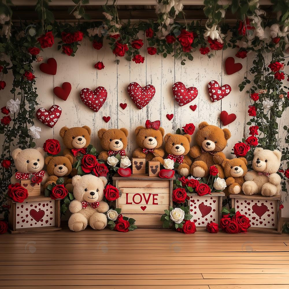 Allenjoy Valentine I Love Bears Wooden Wall Floral Photography Backdrop Gbsx-01366