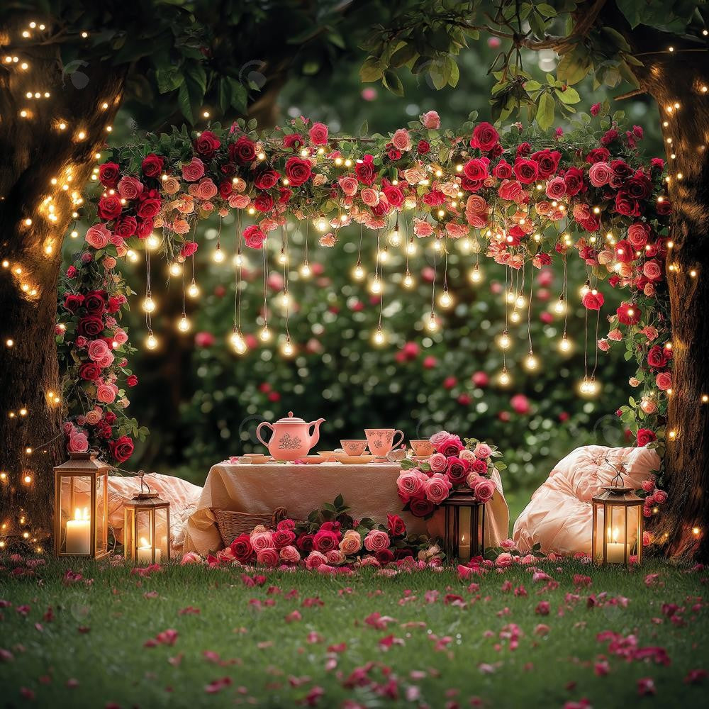 Allenjoy Valentine Picnic With Arched Flower Photography Backdrop Gbsx-01357