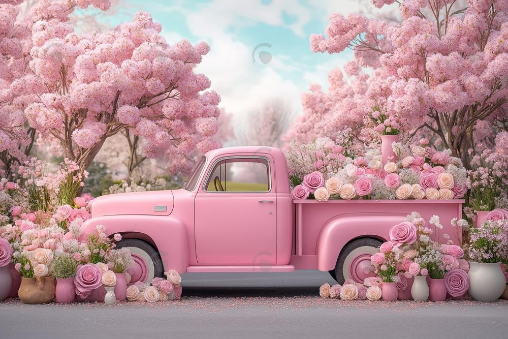Allenjoy Valentine Pink Flowers Truck Photography Backdrop Gbsx-01322