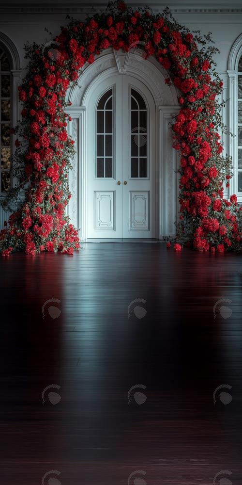 Allenjoy Valentine Red Walls And White Doors Flower Photography Backdrop Gbsx-01416